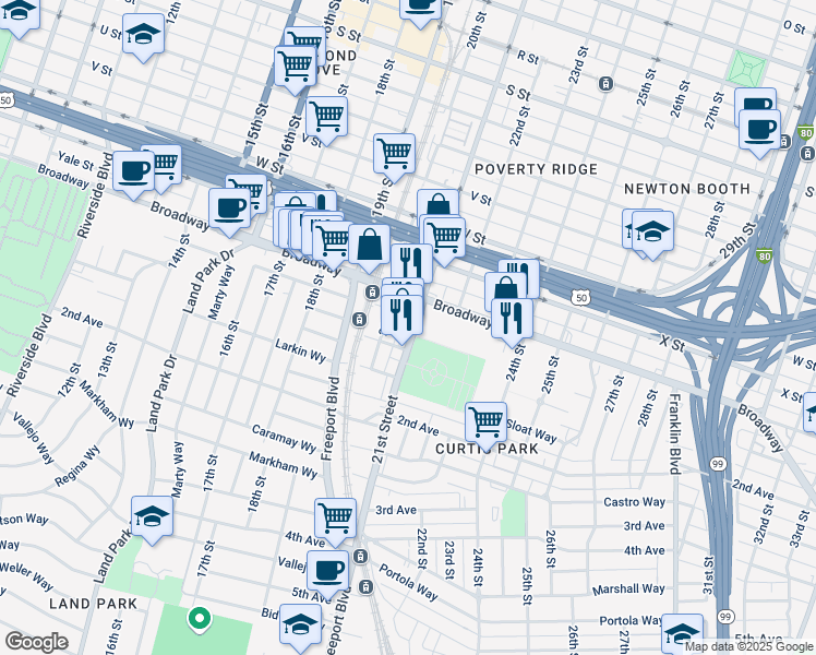 map of restaurants, bars, coffee shops, grocery stores, and more near 2556 21st Street in Sacramento