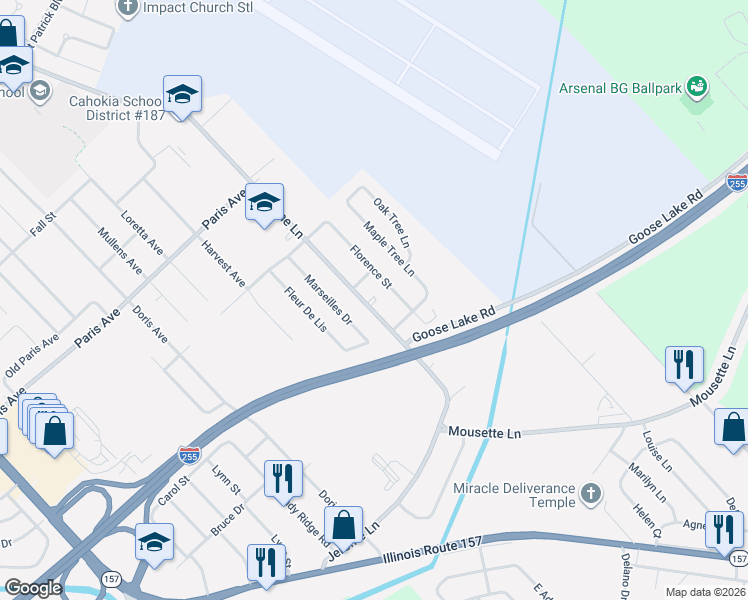 map of restaurants, bars, coffee shops, grocery stores, and more near 2009 Jerome Lane in Cahokia