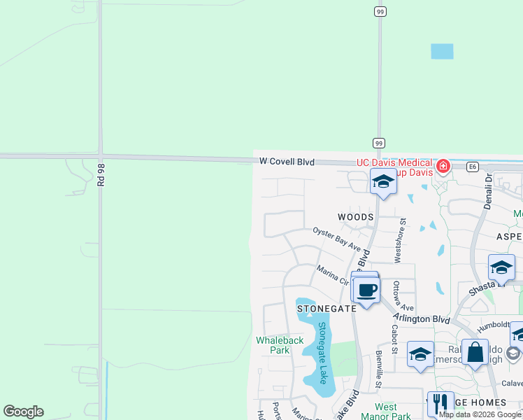 map of restaurants, bars, coffee shops, grocery stores, and more near 3433 Oyster Bay Avenue in Davis