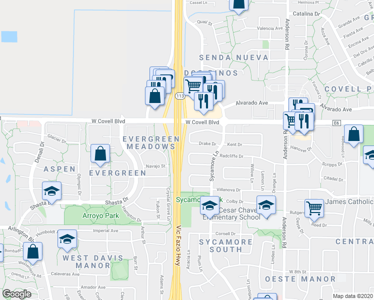map of restaurants, bars, coffee shops, grocery stores, and more near 1431 Notre Dame Drive in Davis