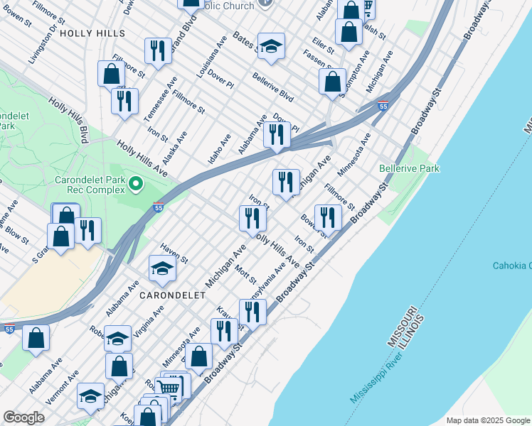 map of restaurants, bars, coffee shops, grocery stores, and more near 6303 Michigan Avenue in St. Louis