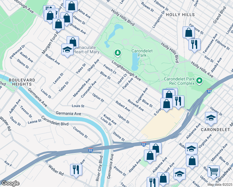 map of restaurants, bars, coffee shops, grocery stores, and more near 7201 Field Avenue in St. Louis