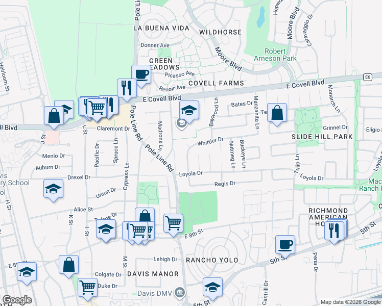 map of restaurants, bars, coffee shops, grocery stores, and more near 1406 Whittier Drive in Davis