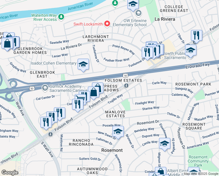 map of restaurants, bars, coffee shops, grocery stores, and more near 9055 Folsom Boulevard in Sacramento