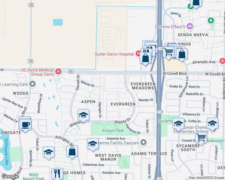 map of restaurants, bars, coffee shops, grocery stores, and more near 1512 Shasta Drive in Davis