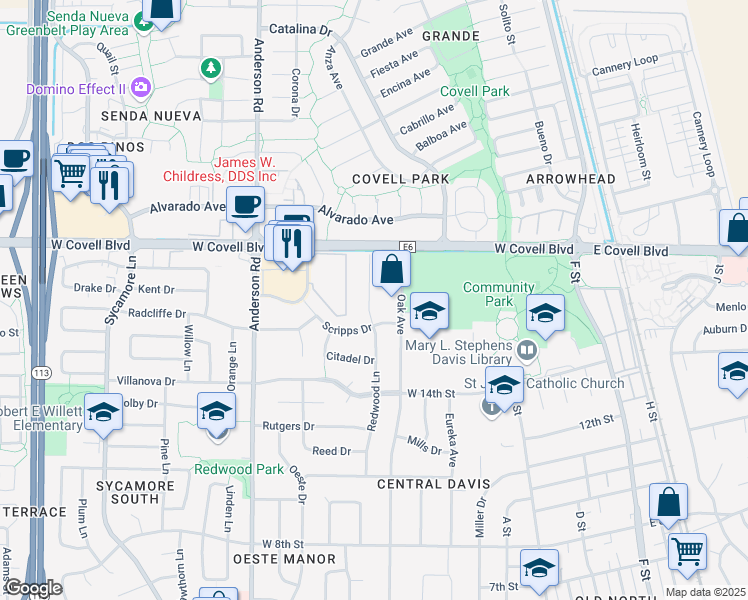map of restaurants, bars, coffee shops, grocery stores, and more near 1622 Redwood Lane in Davis