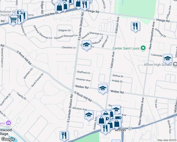 map of restaurants, bars, coffee shops, grocery stores, and more near 7113 Stafford Court in Affton