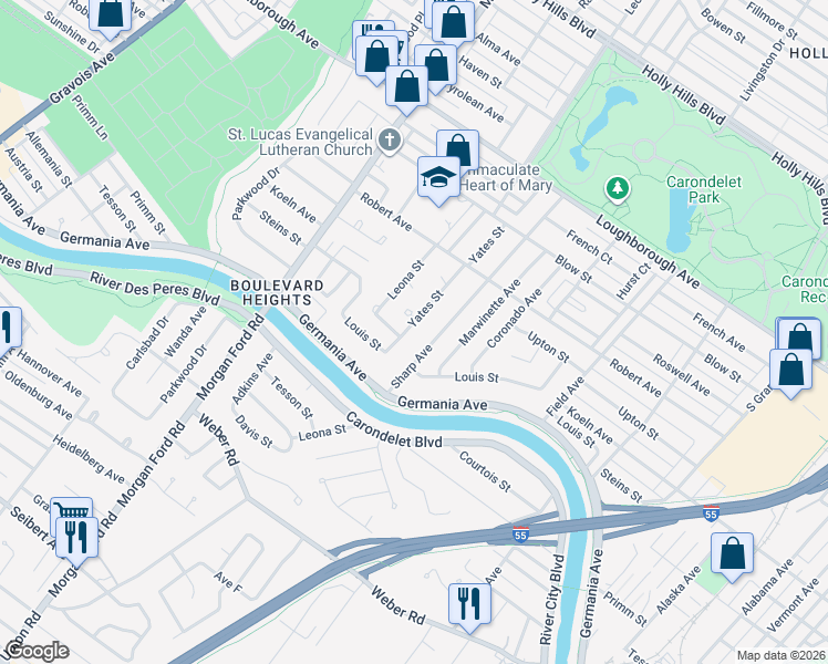 map of restaurants, bars, coffee shops, grocery stores, and more near 7400 Yates St in St Louis