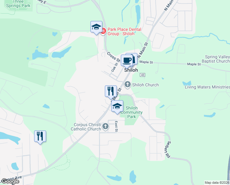 map of restaurants, bars, coffee shops, grocery stores, and more near 301 South Main Street in Shiloh