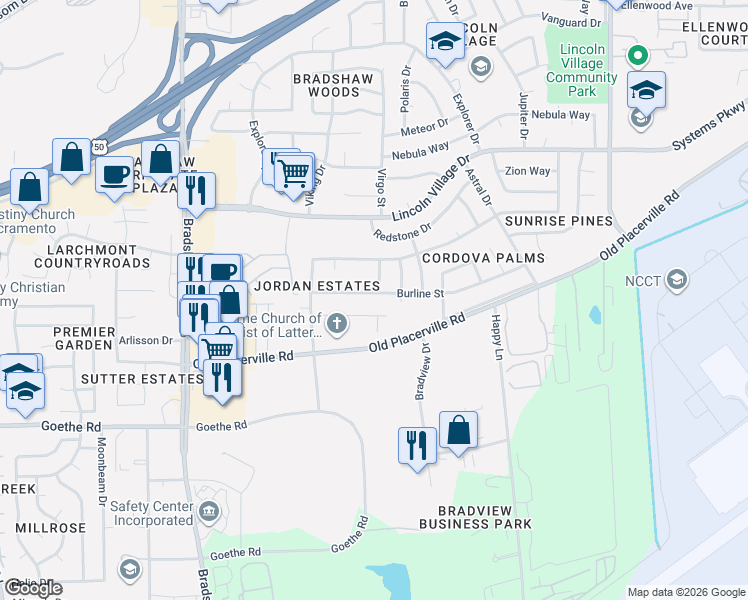 map of restaurants, bars, coffee shops, grocery stores, and more near 9836 Burline Street in Sacramento