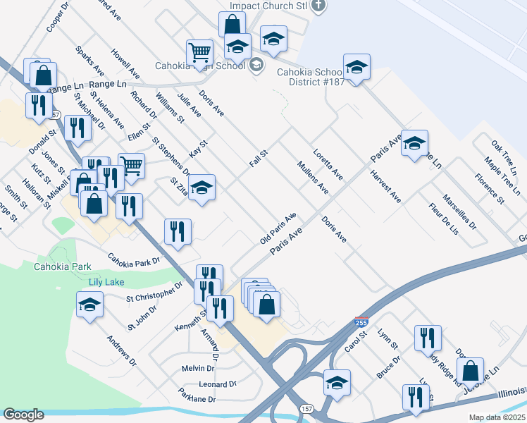 map of restaurants, bars, coffee shops, grocery stores, and more near 1424 Williams Street in Cahokia