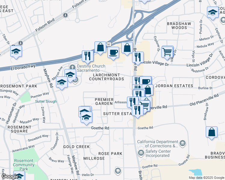 map of restaurants, bars, coffee shops, grocery stores, and more near 3506 Hanks Street in Sacramento