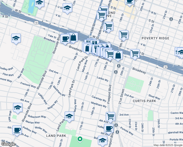 map of restaurants, bars, coffee shops, grocery stores, and more near 2636 17th St in Sacramento