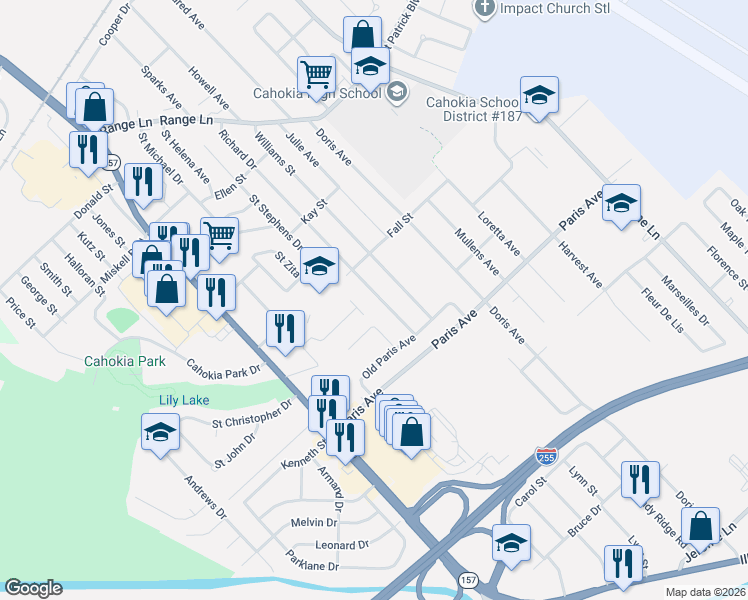 map of restaurants, bars, coffee shops, grocery stores, and more near 1412 Richard Drive in Cahokia