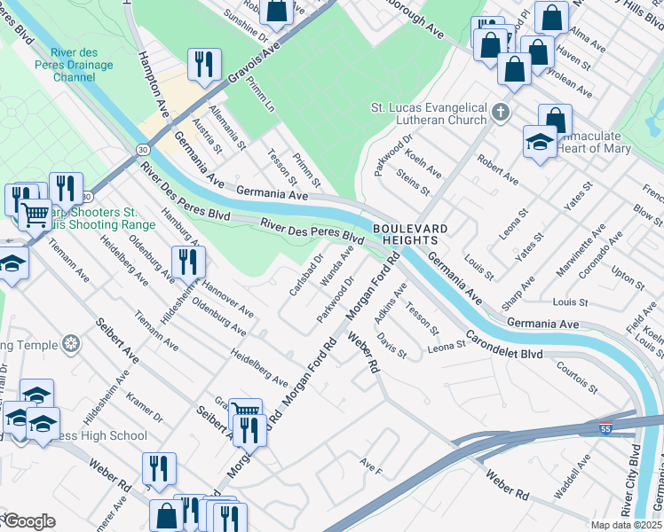 map of restaurants, bars, coffee shops, grocery stores, and more near 7851 Wanda Avenue in St. Louis