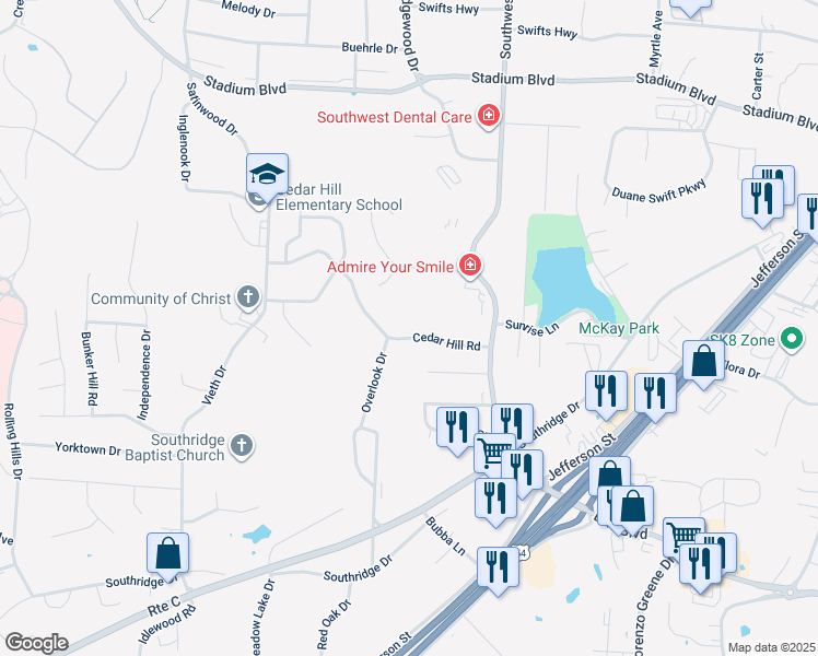 map of restaurants, bars, coffee shops, grocery stores, and more near 1910 Cedar Hill Road in Jefferson City