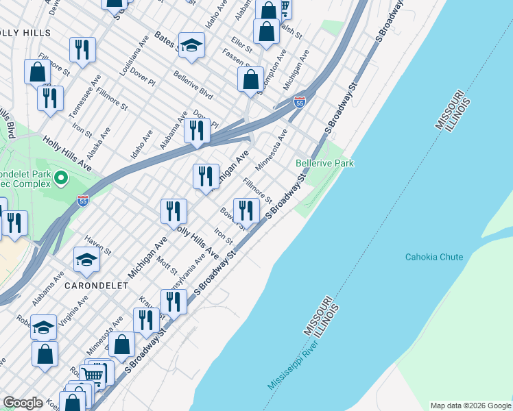 map of restaurants, bars, coffee shops, grocery stores, and more near 6018 Pennsylvania Avenue in St. Louis