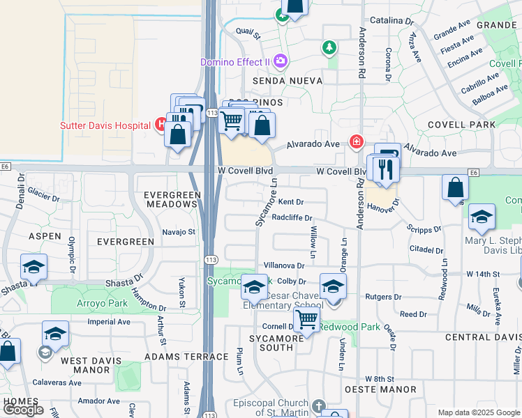map of restaurants, bars, coffee shops, grocery stores, and more near 1805 Sycamore Lane in Davis