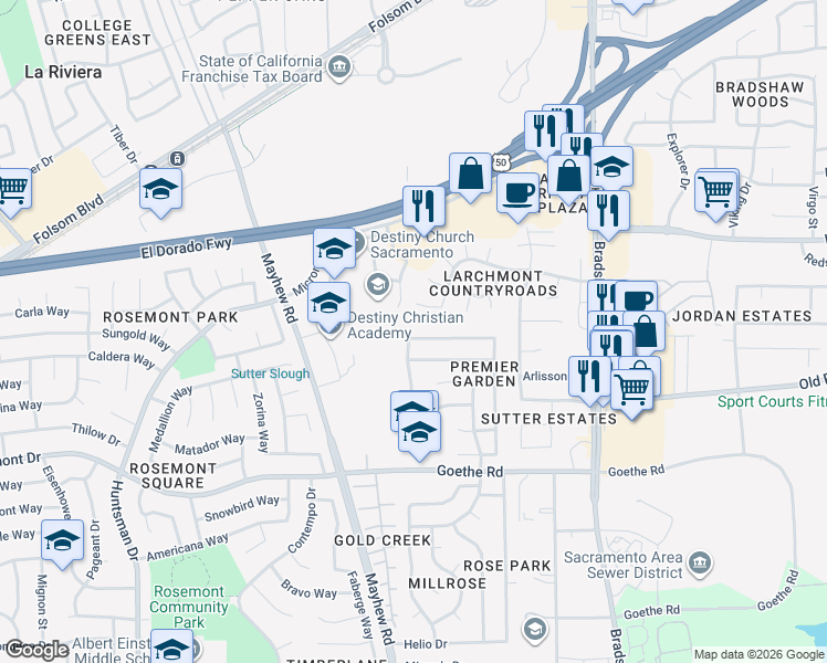 map of restaurants, bars, coffee shops, grocery stores, and more near 9607 Harvest View Way in Sacramento