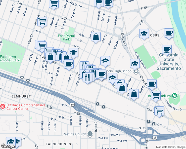 map of restaurants, bars, coffee shops, grocery stores, and more near 1412 57th St in Sacramento