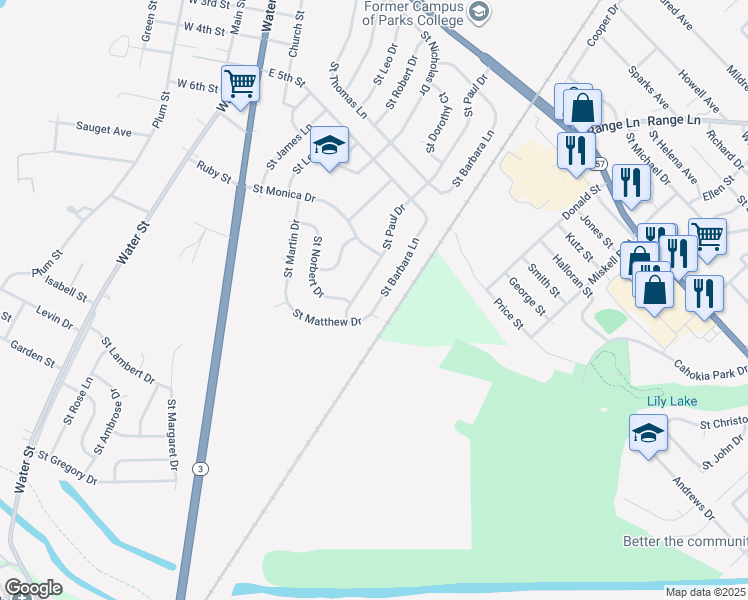 map of restaurants, bars, coffee shops, grocery stores, and more near 719 Saint Barbara Lane in Cahokia