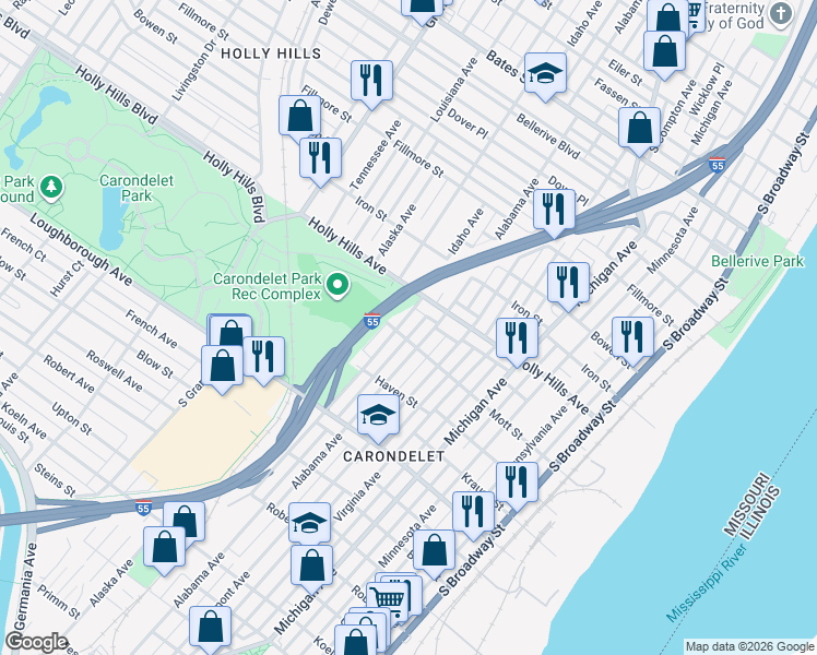 map of restaurants, bars, coffee shops, grocery stores, and more near 6436 Idaho Avenue in St. Louis