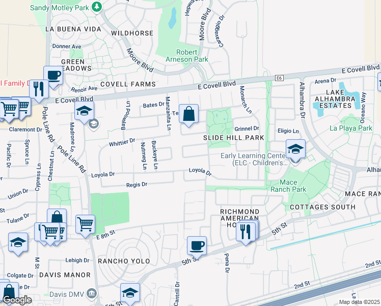 map of restaurants, bars, coffee shops, grocery stores, and more near 2639 Belmont Drive in Davis