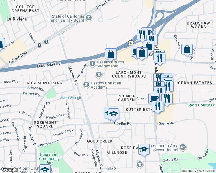 map of restaurants, bars, coffee shops, grocery stores, and more near 9607 Harvest View Way in Sacramento