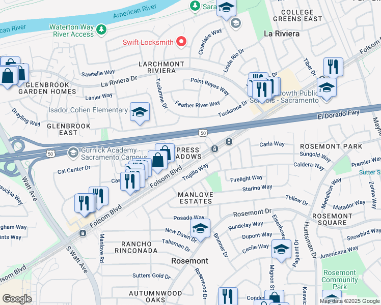map of restaurants, bars, coffee shops, grocery stores, and more near 9055 Folsom Boulevard in Sacramento
