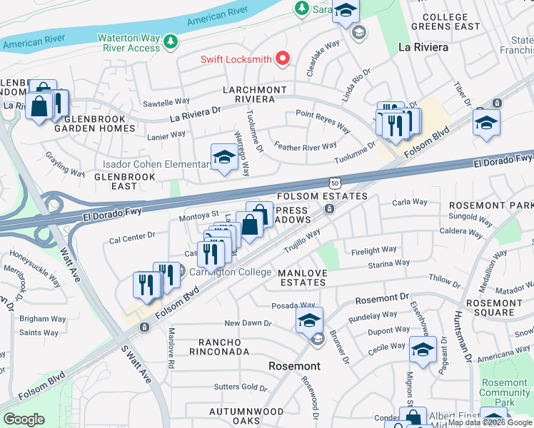 map of restaurants, bars, coffee shops, grocery stores, and more near 9090 Piñata Way in Sacramento