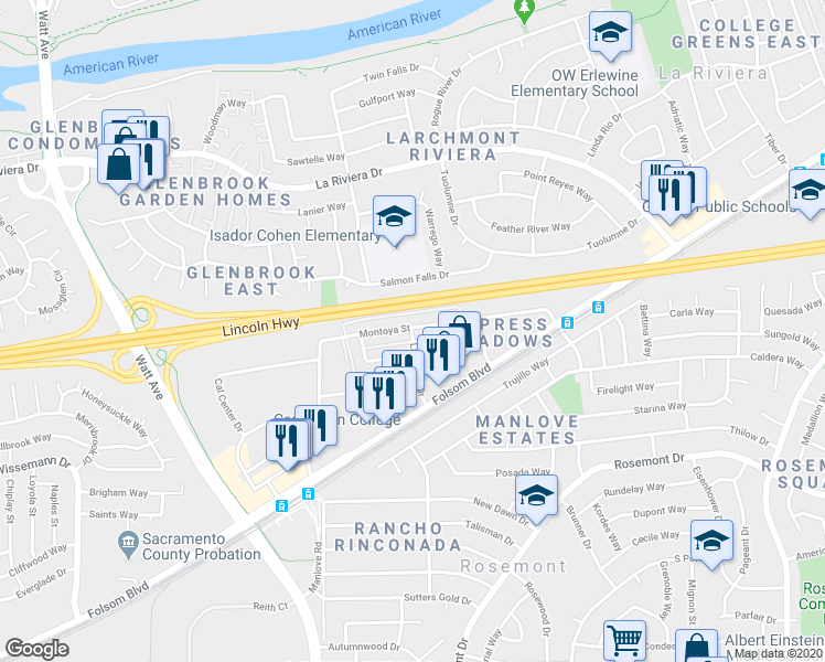 map of restaurants, bars, coffee shops, grocery stores, and more near 9058 Montoya Street in Sacramento