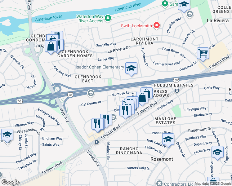 map of restaurants, bars, coffee shops, grocery stores, and more near 9005 Montoya Street in Sacramento
