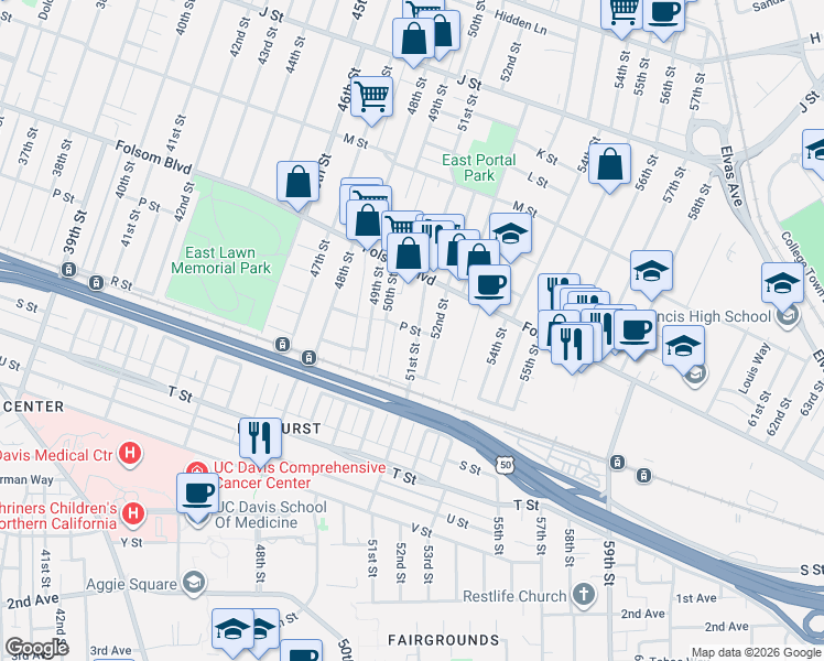 map of restaurants, bars, coffee shops, grocery stores, and more near 1600 51st Street in Sacramento
