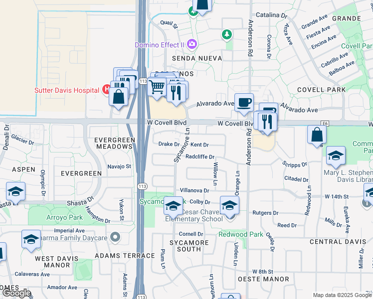 map of restaurants, bars, coffee shops, grocery stores, and more near 1814 Sycamore Lane in Davis