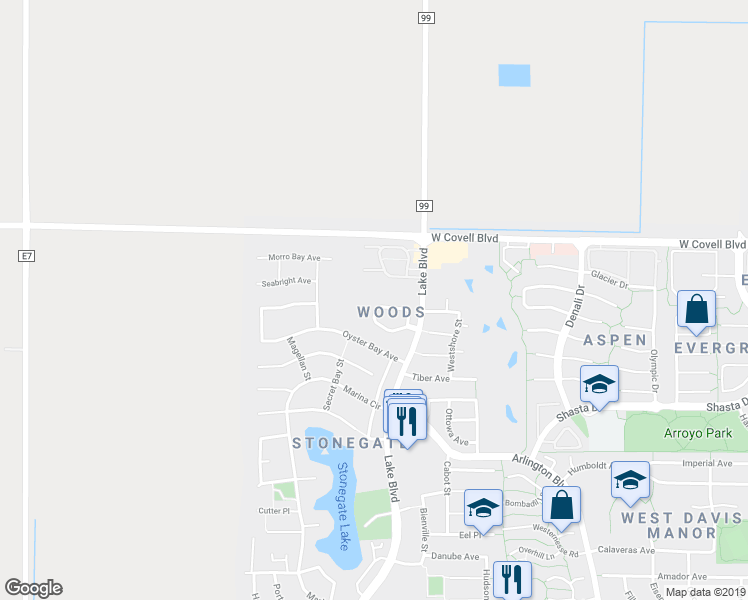 map of restaurants, bars, coffee shops, grocery stores, and more near 3104 Woods Circle in Davis