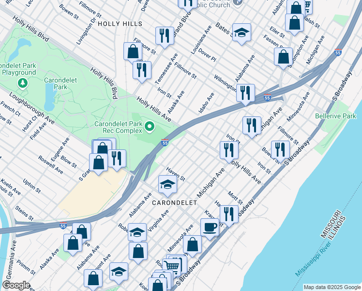 map of restaurants, bars, coffee shops, grocery stores, and more near 6429 Alabama Avenue in St. Louis