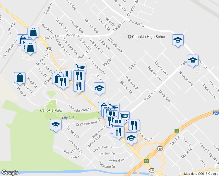 map of restaurants, bars, coffee shops, grocery stores, and more near 300 Annunciation Court in Cahokia