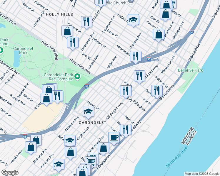 map of restaurants, bars, coffee shops, grocery stores, and more near 612 Holly Hills Avenue in St. Louis