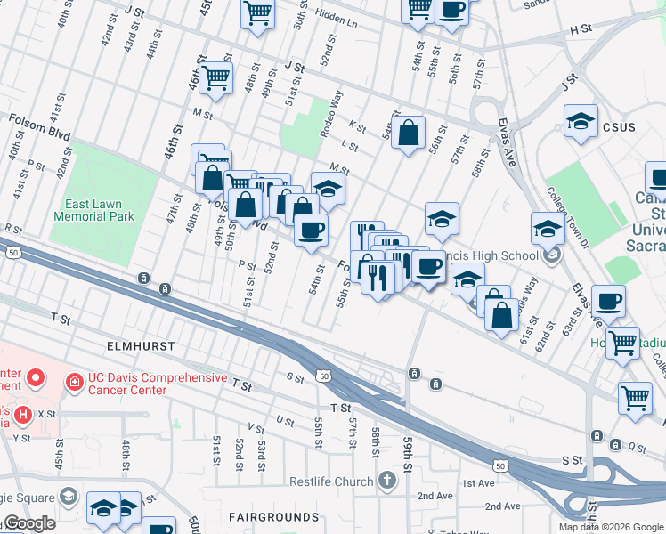 map of restaurants, bars, coffee shops, grocery stores, and more near 5412 Folsom Boulevard in Sacramento