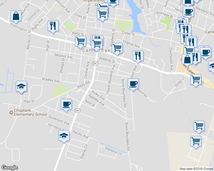 map of restaurants, bars, coffee shops, grocery stores, and more near 1101 Peach Blossom Avenue in Cambridge