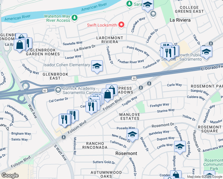 map of restaurants, bars, coffee shops, grocery stores, and more near 9090 Piñata Way in Sacramento