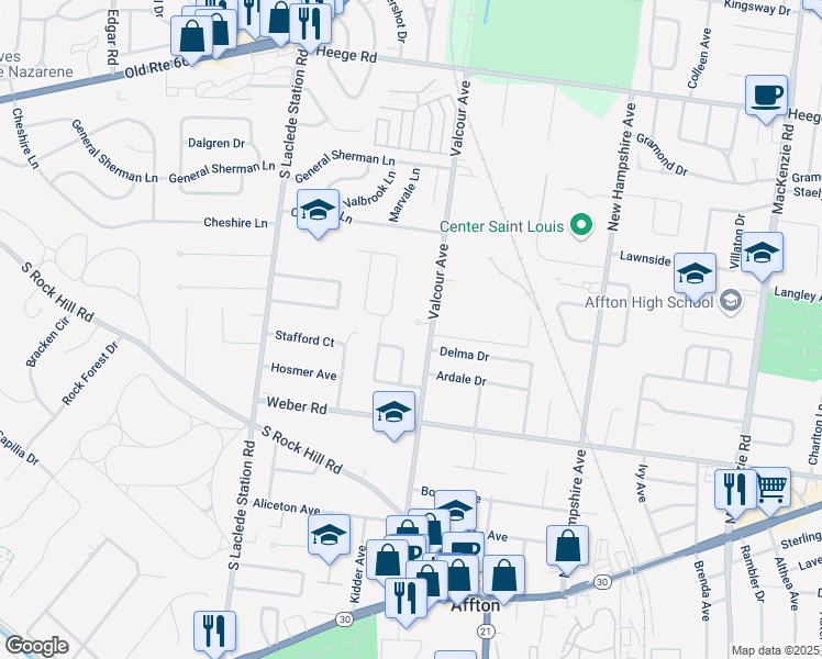map of restaurants, bars, coffee shops, grocery stores, and more near 6910 Courtney Lee Court in Affton