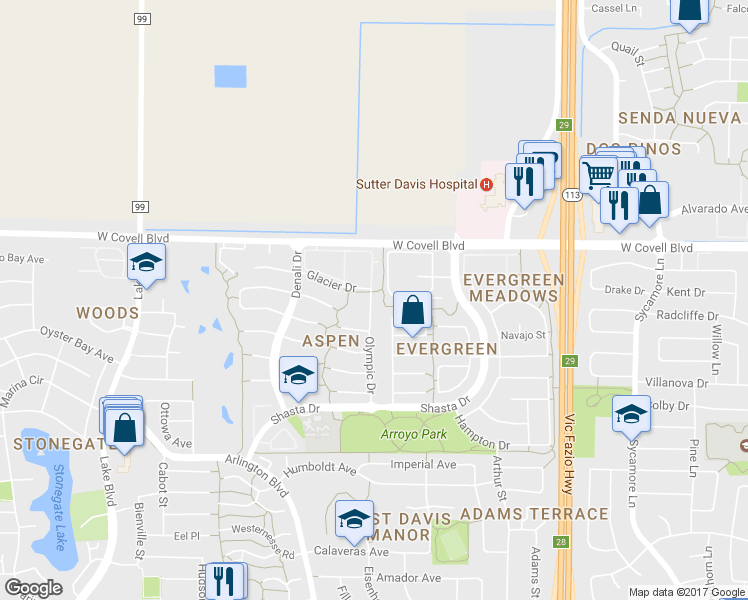 map of restaurants, bars, coffee shops, grocery stores, and more near 1710 Olympic Dr in Davis