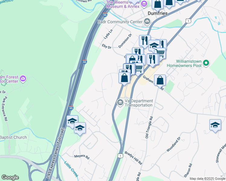 map of restaurants, bars, coffee shops, grocery stores, and more near 18125 Tompkins Court in Dumfries