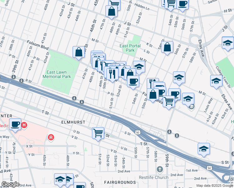 map of restaurants, bars, coffee shops, grocery stores, and more near 1572 52nd Street in Sacramento