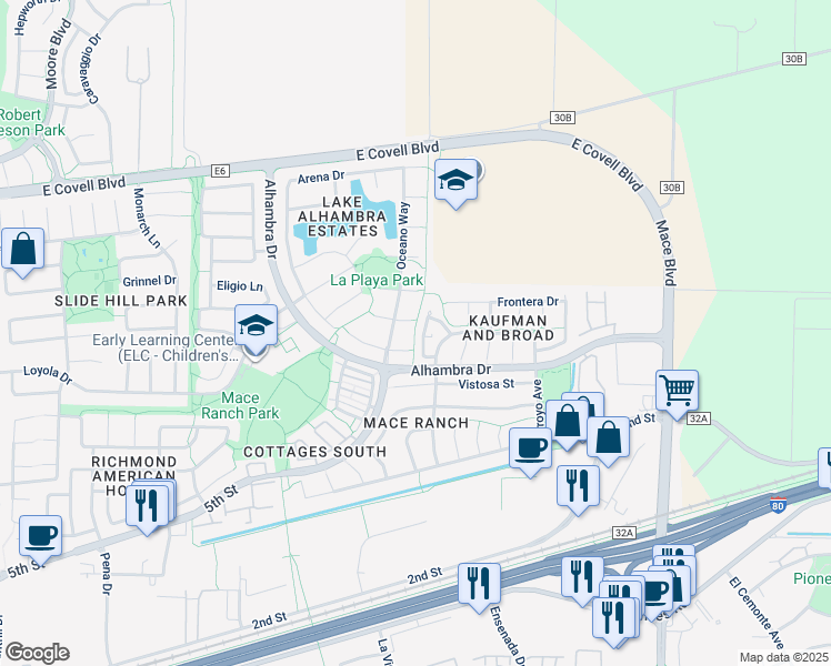 map of restaurants, bars, coffee shops, grocery stores, and more near 3817 Gaviota Place in Davis