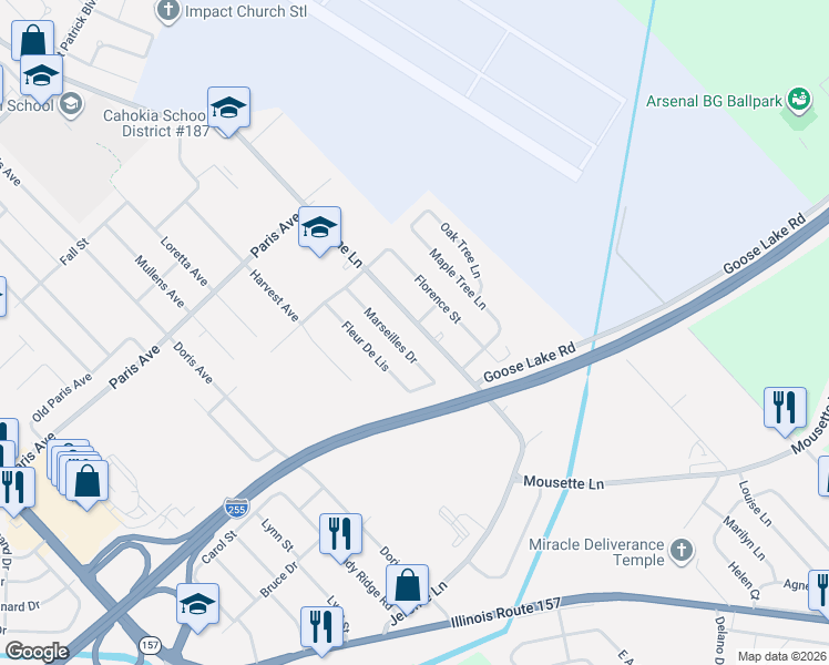 map of restaurants, bars, coffee shops, grocery stores, and more near 2009 Jerome Lane in Cahokia