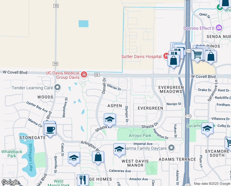 map of restaurants, bars, coffee shops, grocery stores, and more near 2205 Isle Royale Lane in Davis