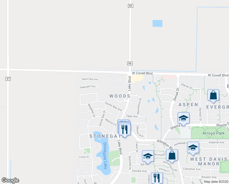 map of restaurants, bars, coffee shops, grocery stores, and more near 3104 Woods Circle in Davis