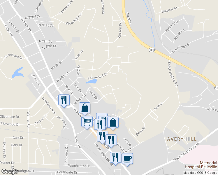 map of restaurants, bars, coffee shops, grocery stores, and more near 40 Lakeview Drive in Belleville